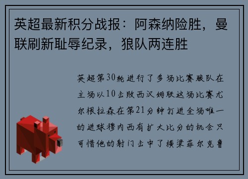英超最新积分战报：阿森纳险胜，曼联刷新耻辱纪录，狼队两连胜